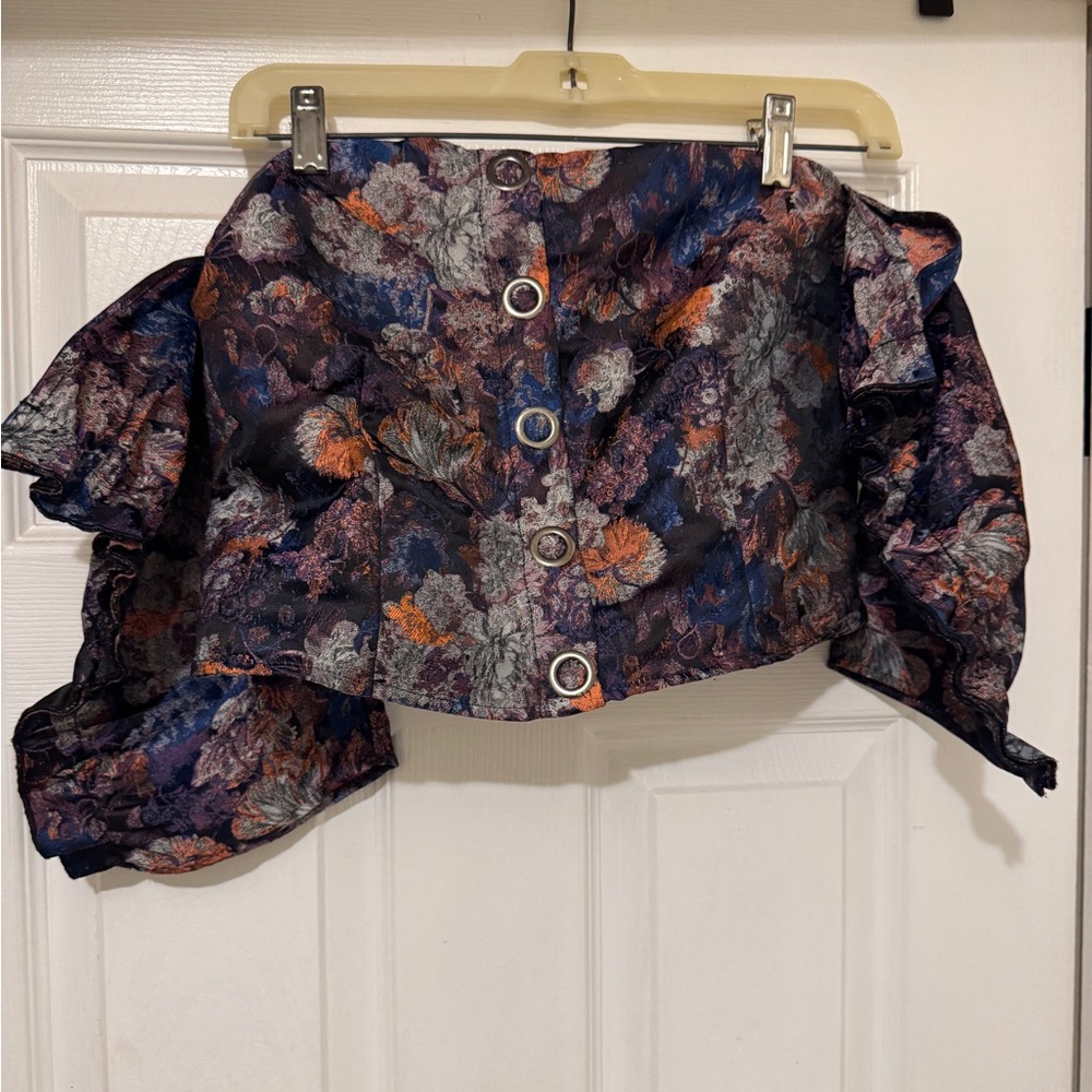 H&M Blue and Orange Bustier Crop Top with Ruffled Sleeves